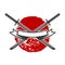 Emblem with crossed katana swords. Design element for logo, label, sign, poster, t shirt.