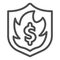Emblem with dollar burning in flame line icon, Corona downturn concept, bankruptcy or inflation sign on white background
