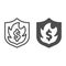 Emblem with dollar burning in flame line and solid icon, Corona downturn concept, bankruptcy or inflation sign on white