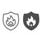 Emblem of fire protection line and solid icon. Symbol of house in fire shield outline style pictogram on white