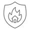 Emblem of fire protection thin line icon. Symbol of house in fire shield outline style pictogram on white background