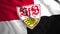 Emblem of football club on flag. Motion. Beautiful flag of German football club Stuttgart. Background with 3d flag and