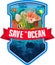 Emblem with lionfish, ocean sunfish, hammerhead shark, coral reef and colorful tropical fishes