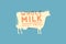 Emblem template with white silhouette of cow against blue background and sample text: Daily fresh whole milk. Image for milk store