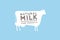 Emblem template with white silhouette of cow against blue background and sample text: natural milk and farm products.
