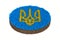 Emblem ukraine on round soil ground with grass on white background. Isolated 3D illustration