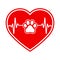 Emblem of veterinary Dogs paw with heart on white background.