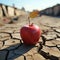 Emblematic apple on dry earth illustrates food insecurity, water shortage, agricultural crisis