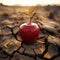 Emblematic apple on dry earth illustrates food insecurity, water shortage, agricultural crisis