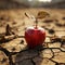 Emblematic apple on dry earth illustrates food insecurity, water shortage, agricultural crisis