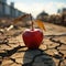 Emblematic apple on dry earth illustrates food insecurity, water shortage, agricultural crisis