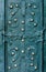 Embossed metallic green-blue background with baroque details and with buttons metal gold flowers