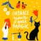 Embrace your inner magic. Inspirational quote, witchcraft and magical elements. Black cat, taror cards, potion bottles