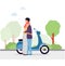 Embracing couple at background with motorbike flat vector illustration isolated.