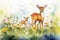 Embracing the gentle world of watercolors, this lovely depiction features a playful deer amidst a sea of green