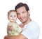 Embracing his little treasure of a girl. Closeup portrait of a young dad standing with his baby daughter in his arms.