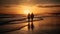 Embracing love, walking on sand, enjoying tranquil sunrise together generated by AI