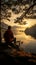 Embracing Norwegian mornings calm, man on hammock admires lake view between pines