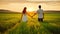 Embracing Serenity, Couple\\\'s Hand-in-Hand Stroll through a Sunset Field