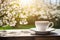 Embracing the tranquil essence of spring a white cup of coffee and a captivating book