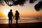 Embracing Twilight: Silhouette of Couple Walking Hand in Hand on the Beach at Sunset. Ai generated.