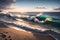 Embracing Unity, Green-tinged White Foamy Waves and the Majestic Sea Merging with the Pebbled and Sandy Beach. AI generated