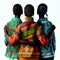 Embracing young African women in national dress, view from the back. International Women\'s Day. Generative AI