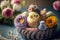 Embroided chick in an easter nest with easter eggs and spring flowers, generative ai