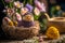 Embroided chick in an easter nest with easter eggs and spring flowers, generative ai