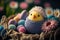 Embroided chick in an easter nest with easter eggs and spring flowers, generative ai