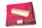 Embroided pink saree with golden purse