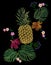 Embroidered exotic yellow pineapple fruit monstera leaves hibiscus flower.