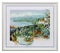 Embroidered picture in an openwork frame, outdoor cafe terrace overlooking the sea, cross-stitch on textile canvas, isolated on