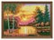 Embroidered picture in an openwork frame, sunrise or sunset in the forest by the river, cross-stitch on textile canvas, isolated