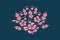 Embroidered satin stitch bouquet of red pink flowers with leaves on gray blue background