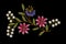 Embroidered satin stitch wavy sprig with pink- red and purple cornflowers and white flowers on black background