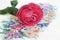 Embroidered tablecloth and flower rose