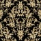 Embroidery Baroque seamless pattern. Black vector grunge background. Tapestry gold damask flowers, scroll leaves, ornaments in ba