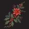 Embroidery christmas pattern with red flowers, pine and mistletoe.