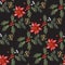 Embroidery christmas seamless pattern with red flowers, pine and mistletoe.