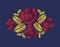 Embroidery crewel flower patch traditional ornament decoration red roses leaves blueberry rich glowing golden gold