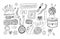Embroidery and cross stitch kit icons Set: tambour, scissors, floss, thread, needles, yarn. Handmade tools doodles collection.