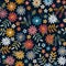 Embroidery floral seamless pattern with colorful flowers and leaves. Vector embroidered design. Print for summer dresses