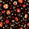 Embroidery floral seamless pattern with red and orange flowers on black background. Folk motifs. Fashion design.