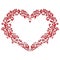 Embroidery inspired love heart shape pattern in red with floral elements on white background with black stroke