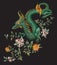 Embroidery oriental floral pattern with green dragon and gold ro