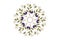 Embroidery oval floral ornament from wavy branches with purple cornflowers and white flowers on white background