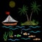 Embroidery palm tree and boat on wave with fish stitches imitation