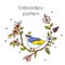 Embroidery pattern with flowers and bird, ethnical design. Vector illustration