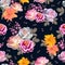 Embroidery seamless pattern with beautiful bouquets of flowers on black background. Luxury fashion design. Vector illustration